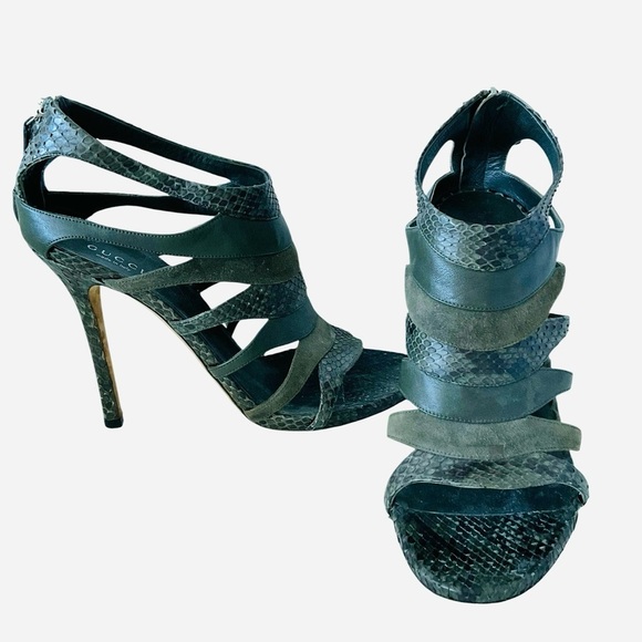 Gucci Genuine Python & Suede Strappy Stiletto Sandals Olive Green Women’s 38.5 - Picture 1 of 8